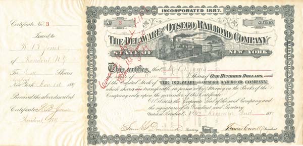 Delaware and Otsego Railroad Co. - Stock Certificate